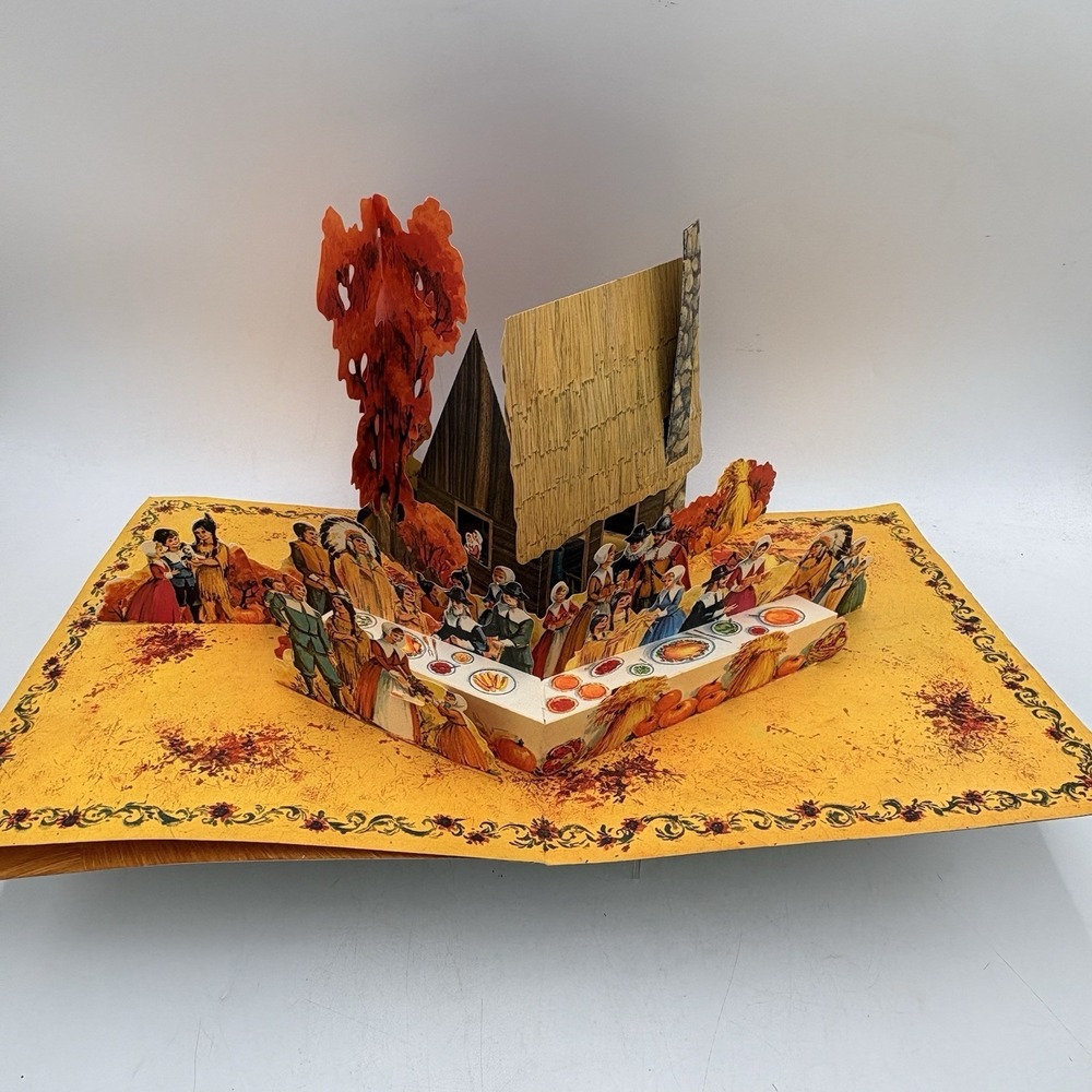 Vintage Hallmark Thanksgiving Pop Up Greeting Card Made Japan Pilgrim Scene